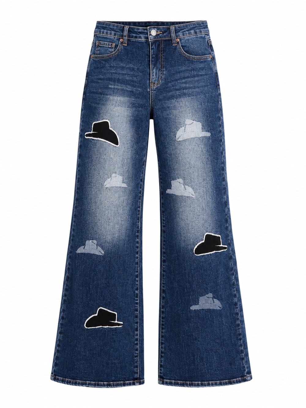 Lucky & Blessed WESTERN COWBOY HAT PATCHWORK MID WASH LASER PRINTED JEANS